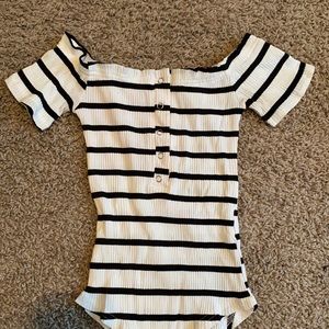 Black/white stripe off the shoulder bodysuit